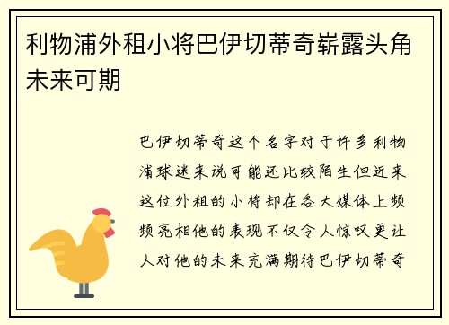 利物浦外租小将巴伊切蒂奇崭露头角未来可期 利物浦外租小将巴伊切蒂奇崭露头角未来可期